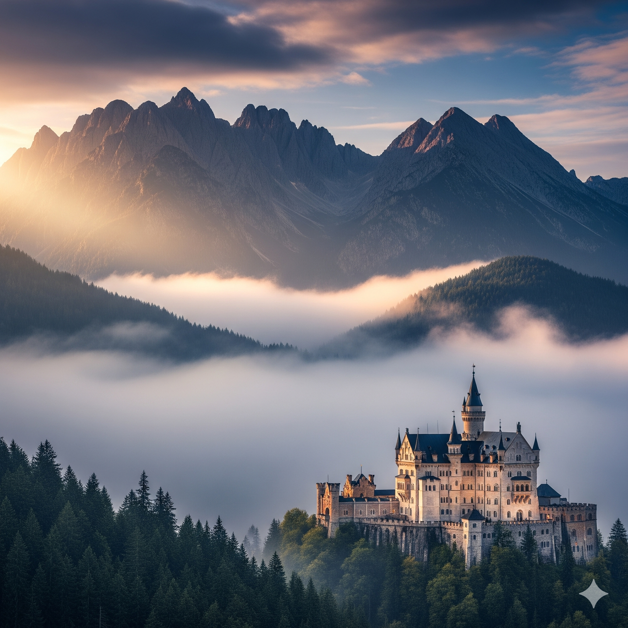 Stunning view of a German castle hotel in the mountains